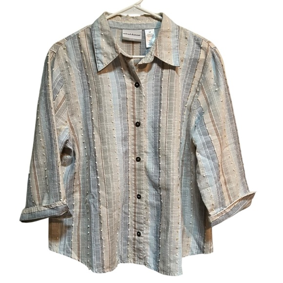 Alfred Dunner Tops - Alfred Dunner Button Down Blouse Pink Blue Tan Stripes Clip Dot 16P